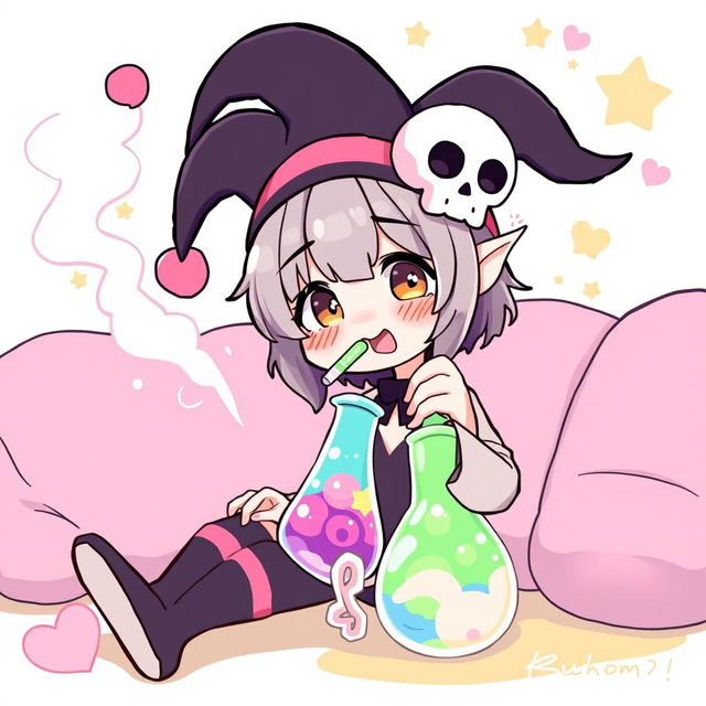 A whimsical and playful depiction of Kuromi, a cute and mischievous character known for her devilish charm, sitting comfortably and enjoying a moment of relaxation while smoking a colorful bong