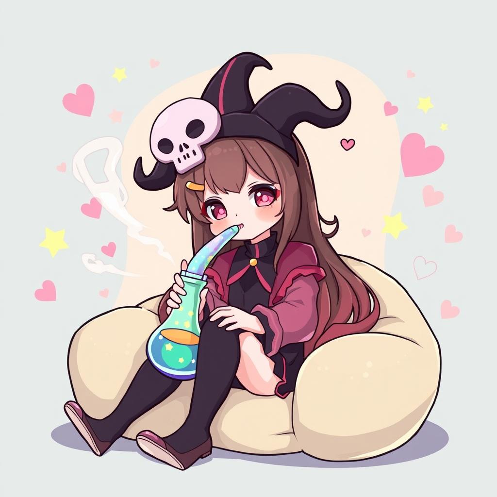 A whimsical and playful depiction of Kuromi, a cute and mischievous character known for her devilish charm, sitting comfortably and enjoying a moment of relaxation while smoking a colorful bong