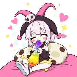 A whimsical and playful depiction of Kuromi, a cute and mischievous character known for her devilish charm, sitting comfortably and enjoying a moment of relaxation while smoking a colorful bong