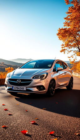 A diagonal full view of a sleek Opel Corsa, highlighting its contemporary design and streamlined features