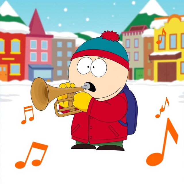 A cartoon character inspired by South Park, named Eric Cartman, enthusiastically playing a trumpet