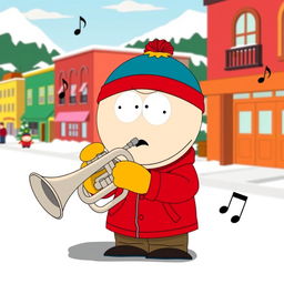 A cartoon character inspired by South Park, named Eric Cartman, enthusiastically playing a trumpet