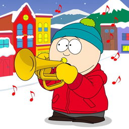 A cartoon character inspired by South Park, named Eric Cartman, enthusiastically playing a trumpet