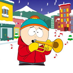 A cartoon character inspired by South Park, named Eric Cartman, enthusiastically playing a trumpet