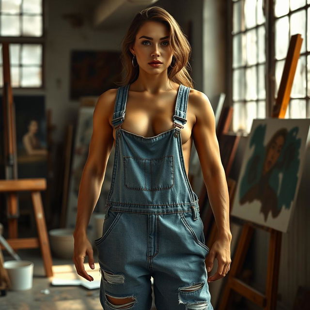 A photorealistic scene of a toned, muscular woman standing in a painter's studio, wearing oversized, baggy overalls with one strap hanging down