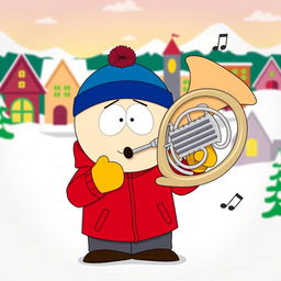 A cartoon character inspired by South Park, named Eric Cartman, proudly playing a French horn