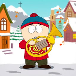 A cartoon character inspired by South Park, named Eric Cartman, proudly playing a French horn