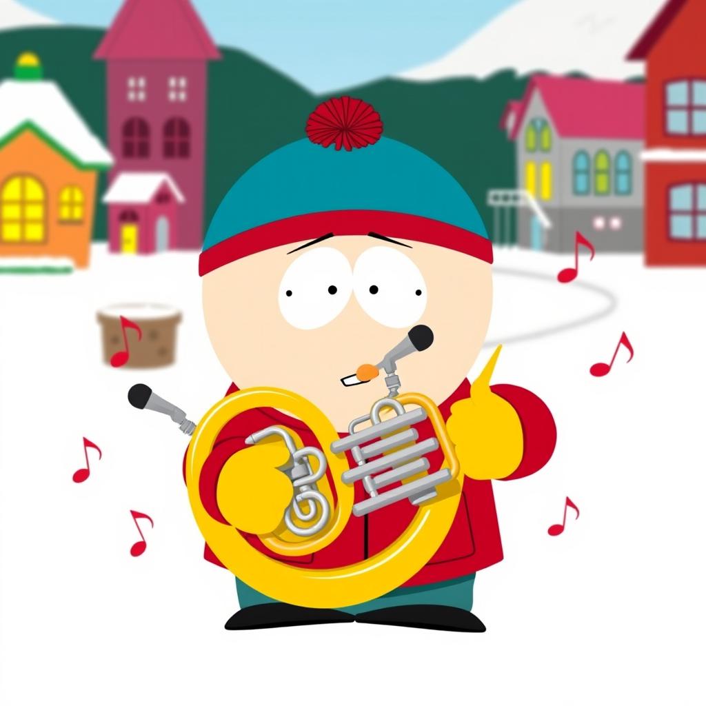 A cartoon character inspired by South Park, named Eric Cartman, proudly playing a French horn