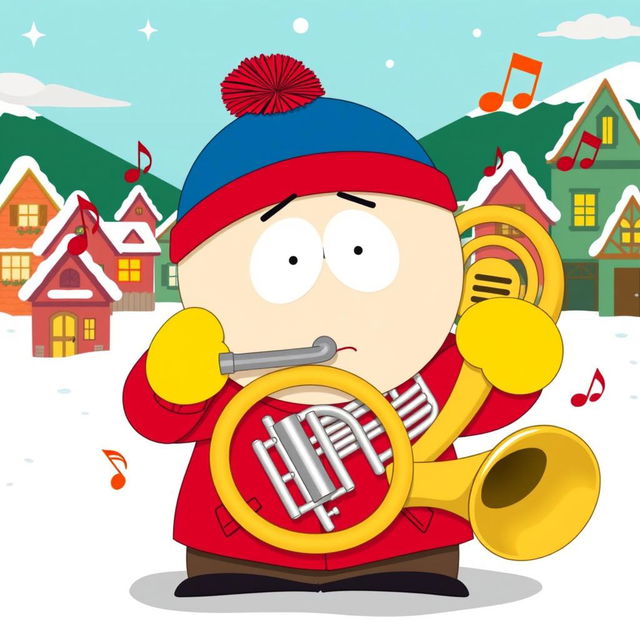 A cartoon character inspired by South Park, named Eric Cartman, proudly playing a French horn