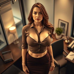 A sexy scene featuring an attractive female secretary with big perky breasts, captured from a high angle perspective