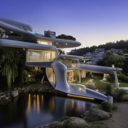 A stunning futuristic mansion positioned next to a serene river.