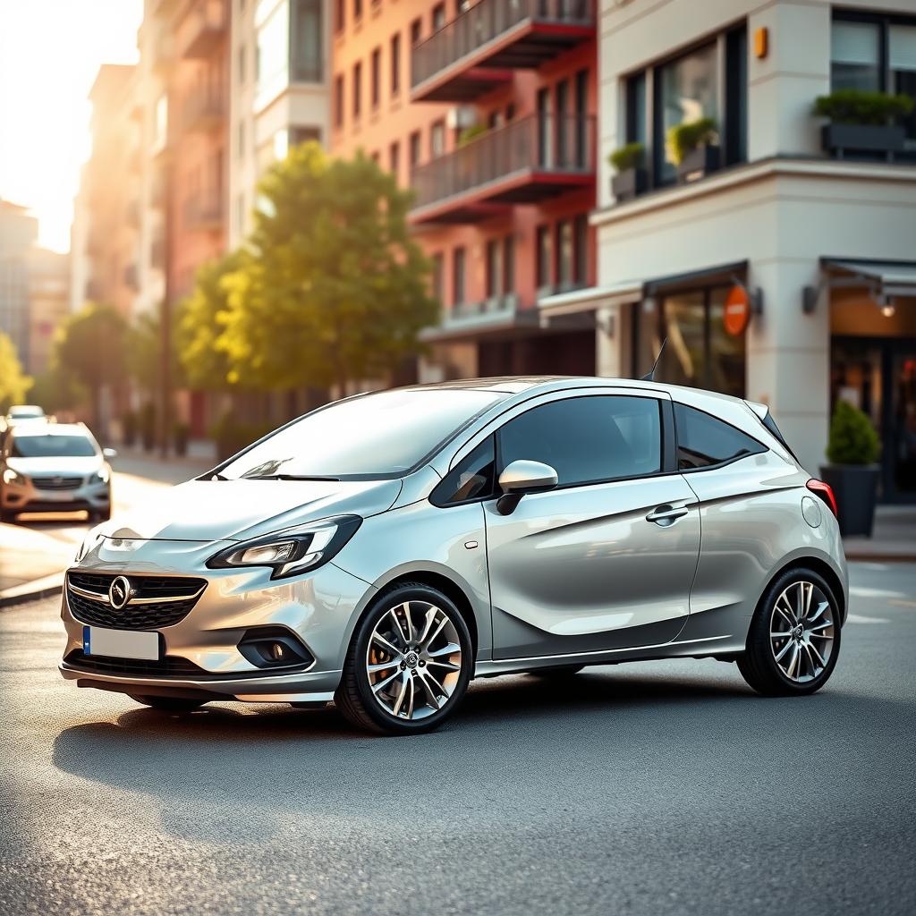 A sleek and stylish Opel Corsa captured from a diagonal full view, showcasing its modern design features, glossy finish, and aerodynamic shape