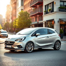 A sleek and stylish Opel Corsa captured from a diagonal full view, showcasing its modern design features, glossy finish, and aerodynamic shape