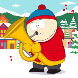 A cartoon character inspired by South Park, named Eric Cartman, energetically playing a tuba