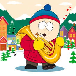 A cartoon character inspired by South Park, named Eric Cartman, energetically playing a tuba