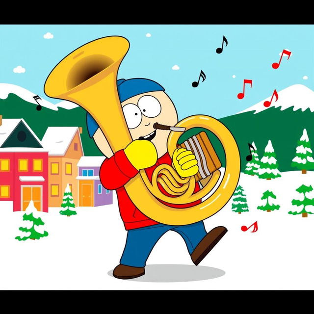 A cartoon character inspired by South Park, named Eric Cartman, energetically playing a tuba