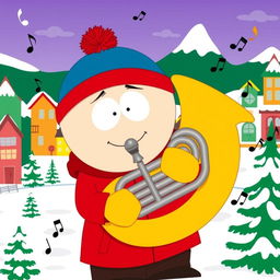 A cartoon character inspired by South Park, named Eric Cartman, energetically playing a tuba