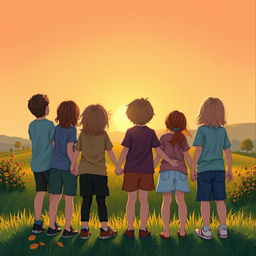 A heartwarming scene depicting a group of young friends standing together, viewed from behind