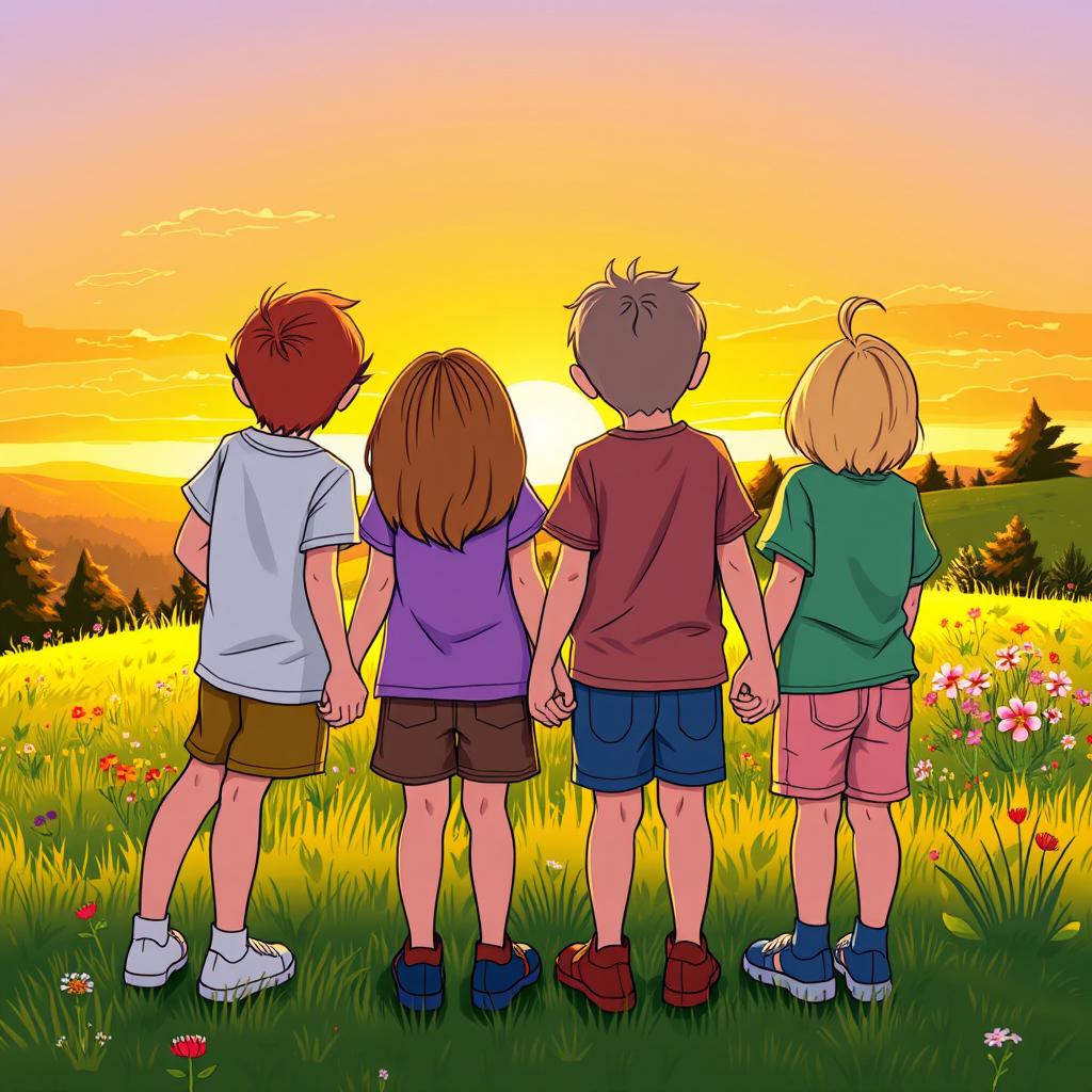 A heartwarming scene depicting a group of young friends standing together, viewed from behind