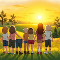 A heartwarming scene depicting a group of young friends standing together, viewed from behind