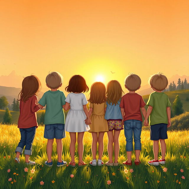 A heartwarming scene depicting a group of young friends standing together, viewed from behind