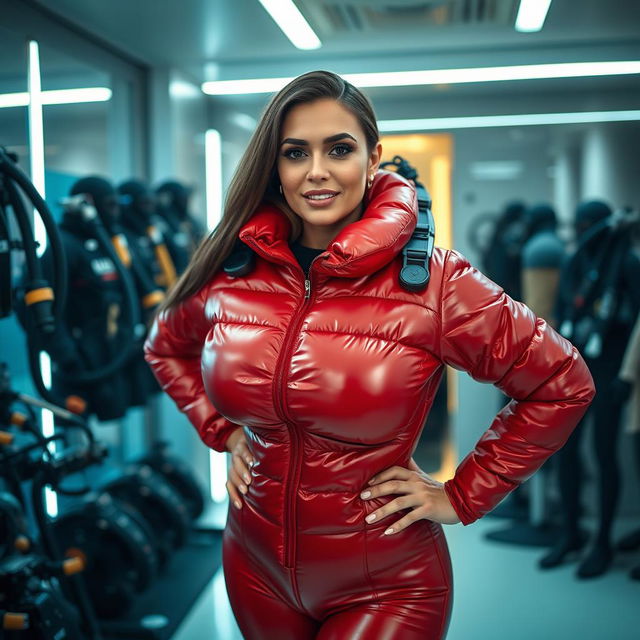 A stunning woman with a voluptuous figure, confidently dressed in a shiny red puffy cold water immersion suit that accentuates her large bust