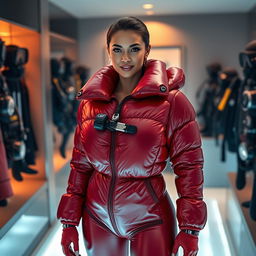 A stunning woman with a voluptuous figure, confidently dressed in a shiny red puffy cold water immersion suit that accentuates her large bust