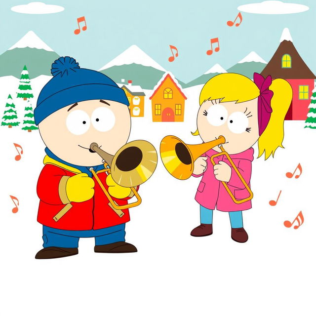 A cartoon scene featuring Eric Cartman and Heidi Turner inspired by South Park, both joyfully playing trombones