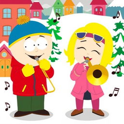 A cartoon scene featuring Eric Cartman and Heidi Turner inspired by South Park, both joyfully playing trombones