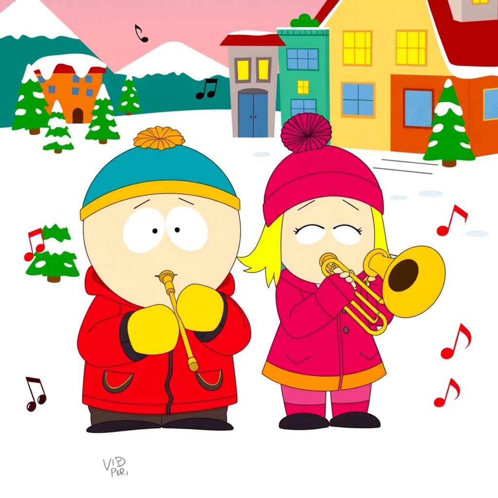 A cartoon scene featuring Eric Cartman and Heidi Turner inspired by South Park, both joyfully playing trombones