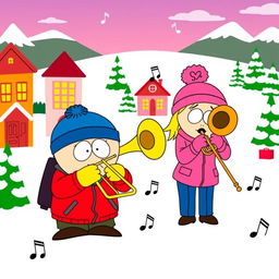 A cartoon scene featuring Eric Cartman and Heidi Turner inspired by South Park, both joyfully playing trombones