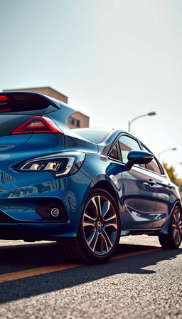 A diagonal full view of a sleek, modern Opel Corsa, showcasing its aerodynamic design and stylish lines