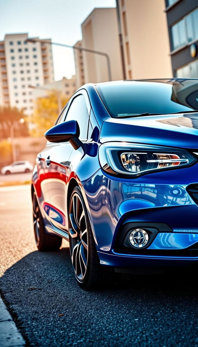 A diagonal full view of a sleek, modern Opel Corsa, showcasing its aerodynamic design and stylish lines