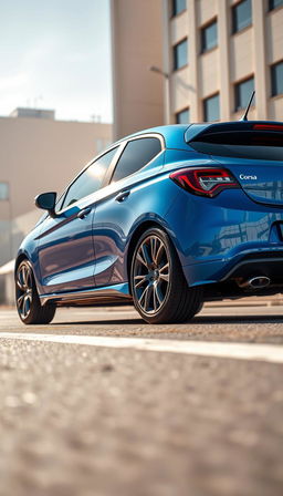 A diagonal full view of a sleek, modern Opel Corsa, showcasing its aerodynamic design and stylish lines