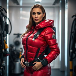 A striking woman with a voluptuous figure, clad in a shiny red puffy cold water immersion suit that highlights her ample bust