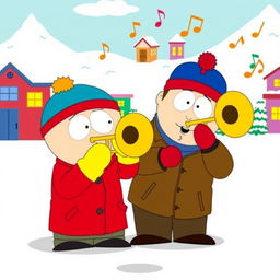 A cartoon scene featuring Eric Cartman and Stan Marsh from South Park, both happily playing trombones together