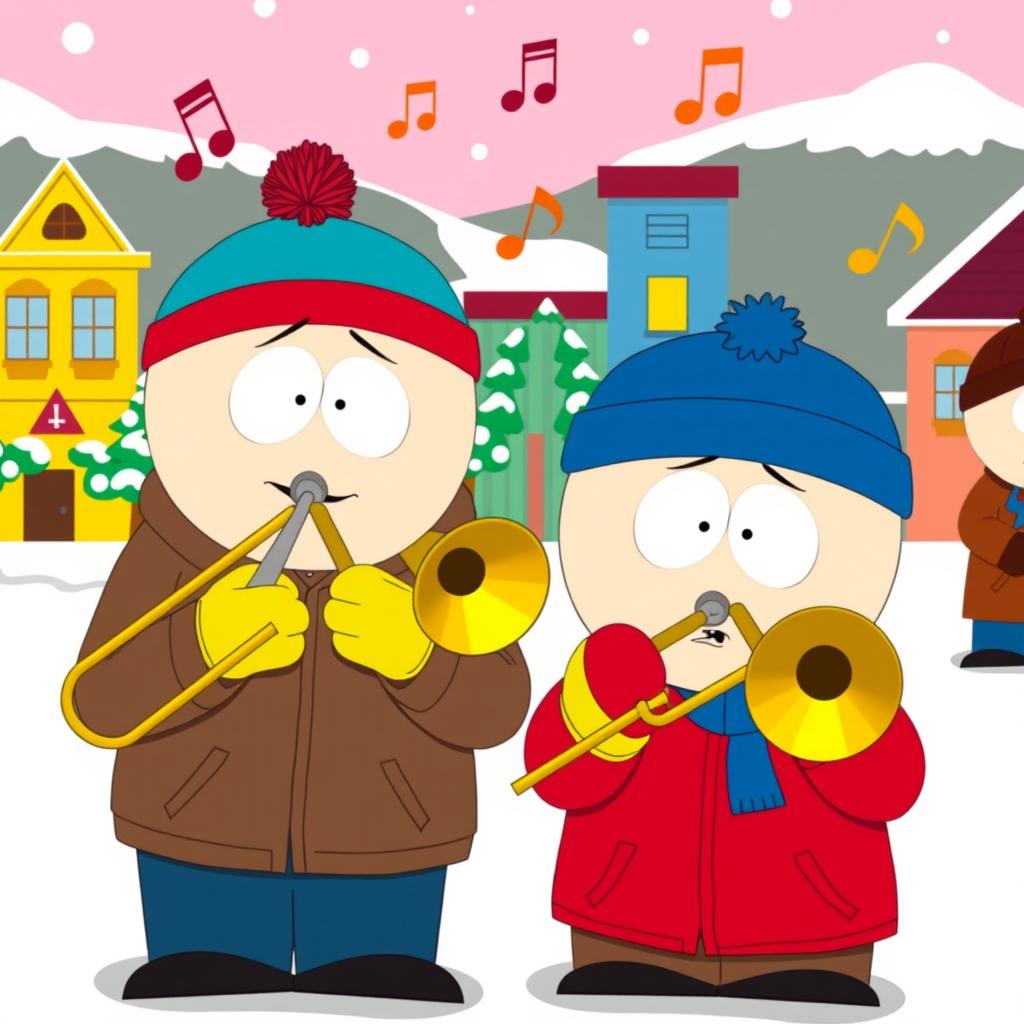 A cartoon scene featuring Eric Cartman and Stan Marsh from South Park, both happily playing trombones together