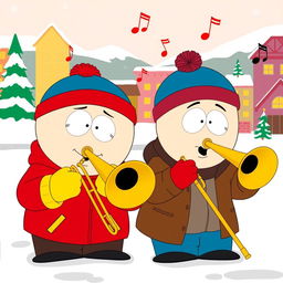 A cartoon scene featuring Eric Cartman and Stan Marsh from South Park, both happily playing trombones together