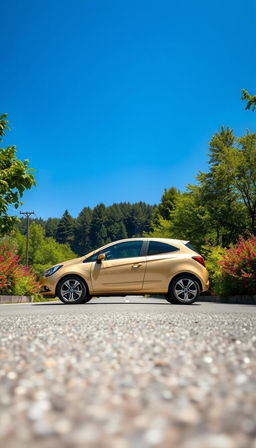 A full view of a sleek and modern Opel Corsa parked on a picturesque road, surrounded by vibrant greenery