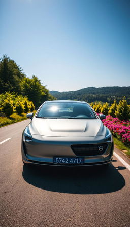 A full view of a sleek and modern Opel Corsa parked on a picturesque road, surrounded by vibrant greenery
