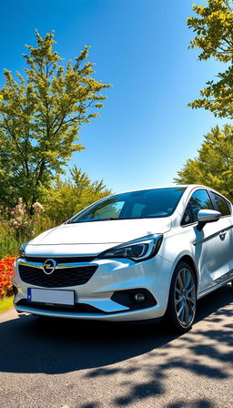 A full view of a sleek and modern Opel Corsa parked on a picturesque road, surrounded by vibrant greenery