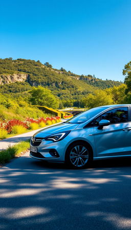 A full view of a sleek and modern Opel Corsa parked on a picturesque road, surrounded by vibrant greenery