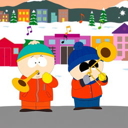 A cartoon scene featuring Eric Cartman and Kyle Broflovski from South Park, both enthusiastically playing trombones together