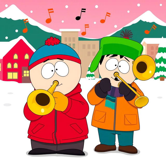 A cartoon scene featuring Eric Cartman and Kyle Broflovski from South Park, both enthusiastically playing trombones together