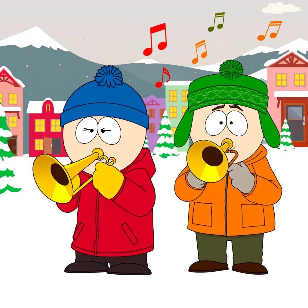 A cartoon scene featuring Eric Cartman and Kyle Broflovski from South Park, both enthusiastically playing trombones together