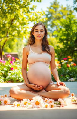 A serene and nurturing scene depicting a pregnant woman in a peaceful environment, surrounded by nature