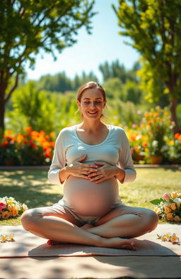 A serene and nurturing scene depicting a pregnant woman in a peaceful environment, surrounded by nature