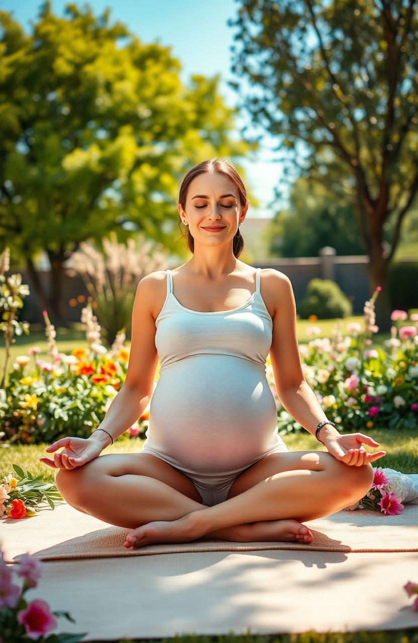 A serene and nurturing scene depicting a pregnant woman in a peaceful environment, surrounded by nature