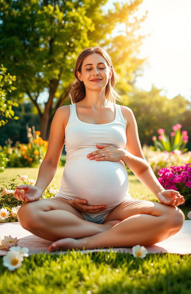 A serene and nurturing scene depicting a pregnant woman in a peaceful environment, surrounded by nature