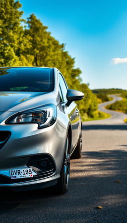 A full view of a sleek, modern Opel Corsa parked elegantly on a scenic road